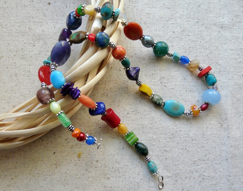 23 Inch Boho Ethnic Multi Colors and Multi Gems Necklace with Earrings