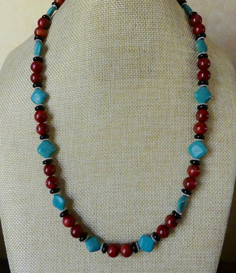 25 Inch Southwestern Red Sponge Coral and Turquoise Necklace - Etsy