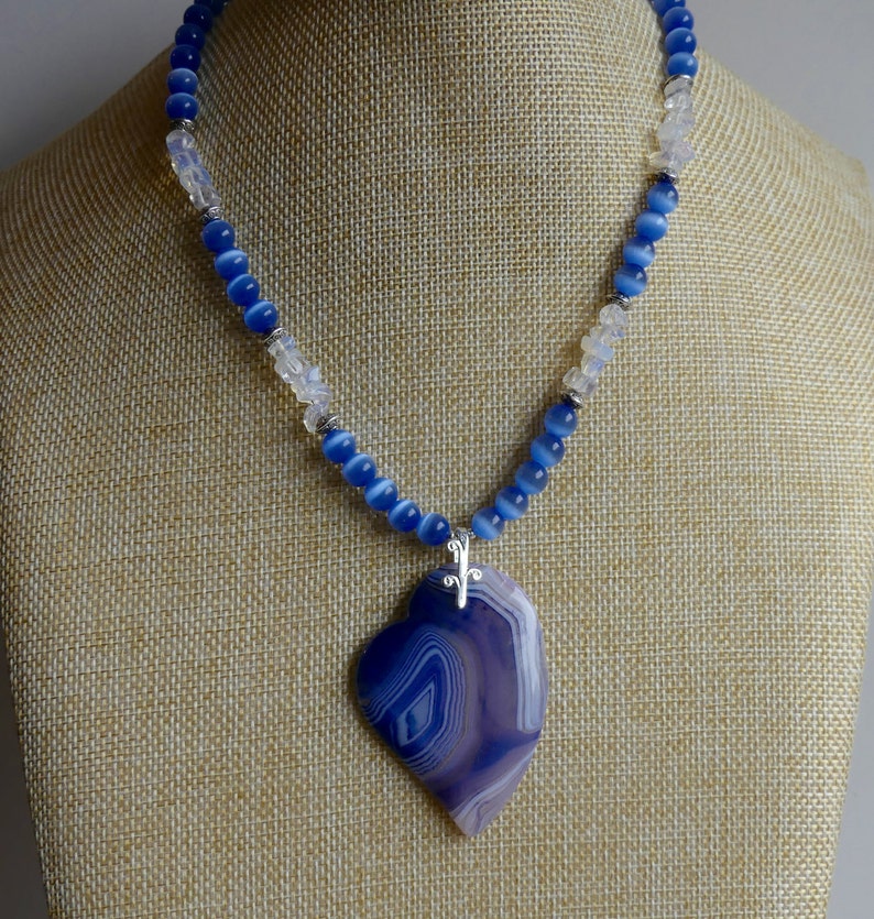 18 Inch Blue Striped Agate Offset Heart Pendant Necklace with Etsy