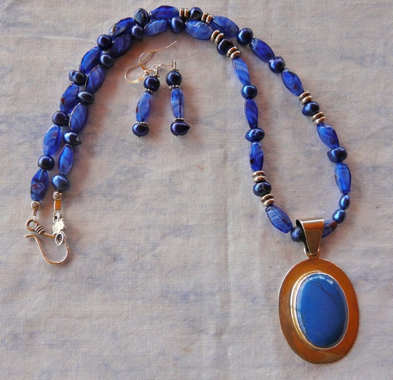 SALE 21 Inch Blue Gemstone Sterling Silver Necklace with Earrings