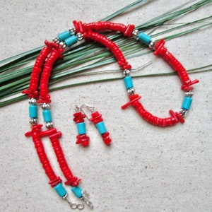 22 Inch Southwestern Red Coral, Branch Coral, and Turquoise Necklace with Matching Earrings
