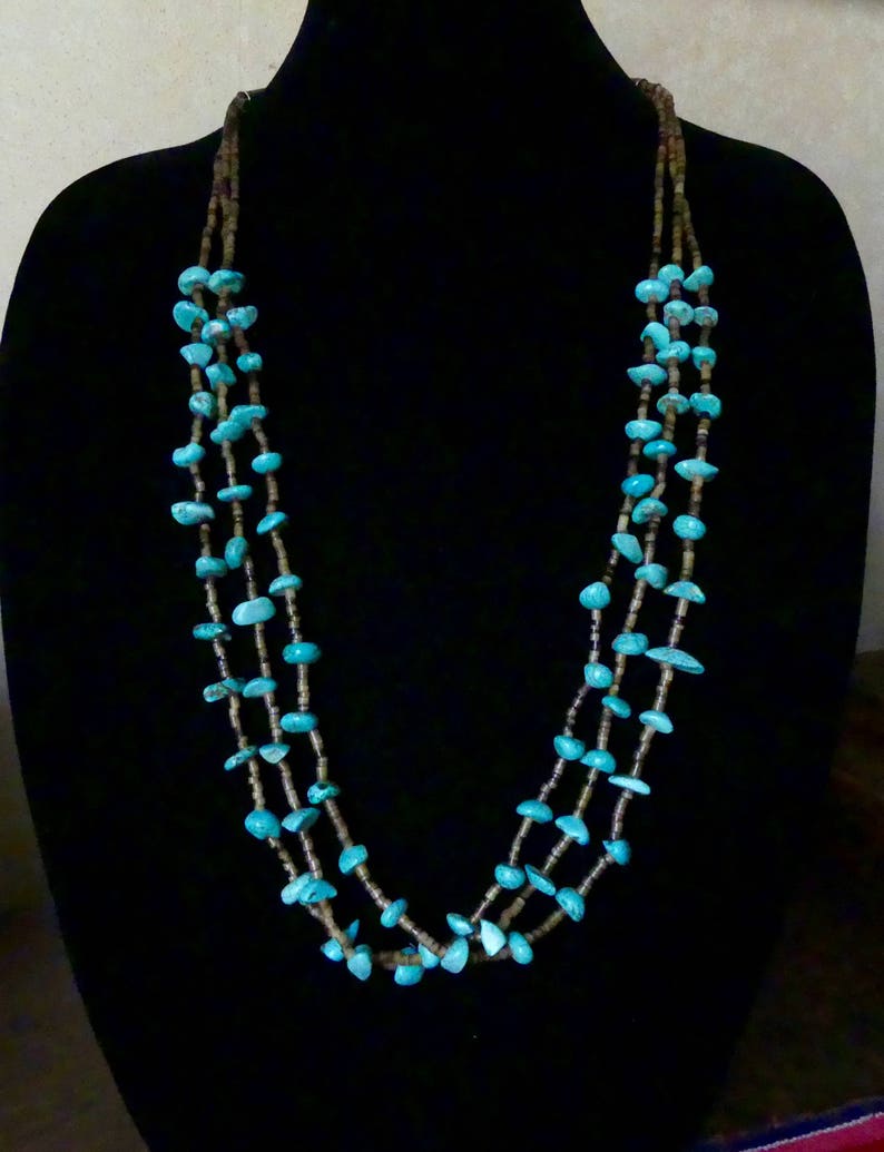 SALE! 32 Inch Vintage Native American Old Pawn Triple Strand LaChita Turquoise Nugget and Shell Heishi Necklace with Earrings