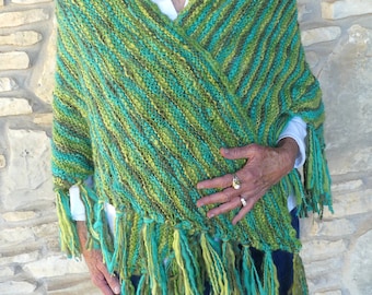 Hand Knitted Acrylic Triangle Shawl in Shades of Green with Shawl Stick