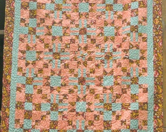 61 x 81 Inch Large Lap Sized Brown, Rose, and Aqua Star Quilt