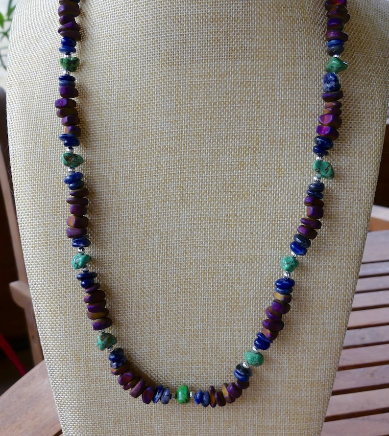 29 Inch Chunky Southwestern Matt Finish Purple Hematite and Green Turquoise Nugget Necklace with Earrings Blue Sodalite
