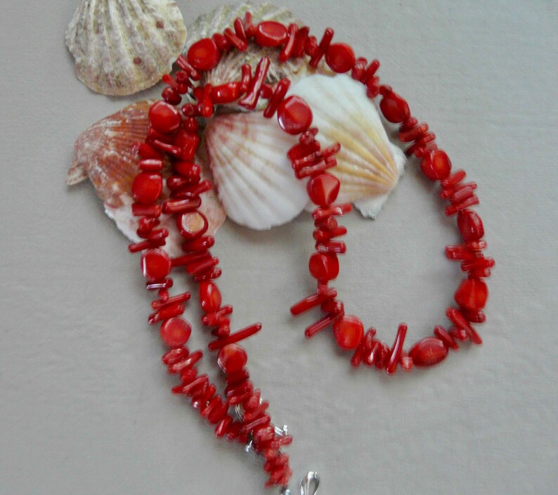 23 Inch Red Coral Nuggets and Branch Coral Necklace With Matching