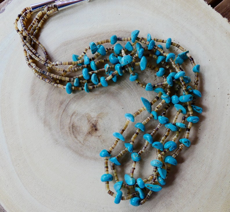 SALE! 32 Inch Vintage Native American Old Pawn Triple Strand LaChita Turquoise Nugget and Shell Heishi Necklace with Earrings