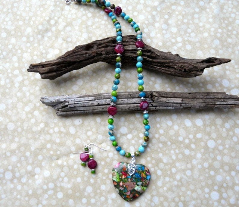 Colored Sea Sediment or Imperial Jasper Heart Necklace with Earrings 21 Inch Mulit