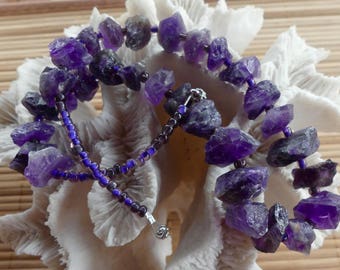 19 Inch Rough Cut Chunky Amethyst Necklace with Earrings