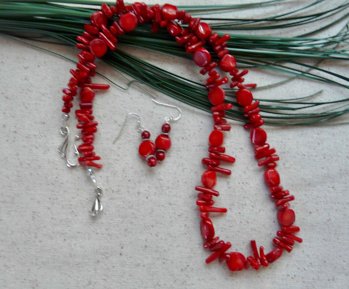 23 Inch Red Coral Nuggets and Branch Coral Necklace With Matching