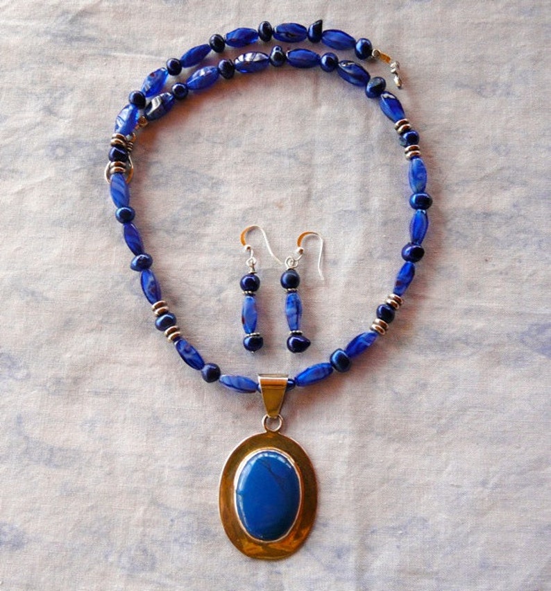 SALE 21 Inch Blue Gemstone Sterling Silver Necklace with Earrings