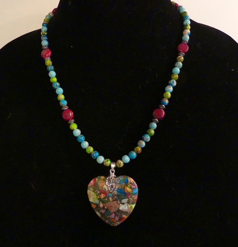 Colored Sea Sediment or Imperial Jasper Heart Necklace with Earrings 21 Inch Mulit