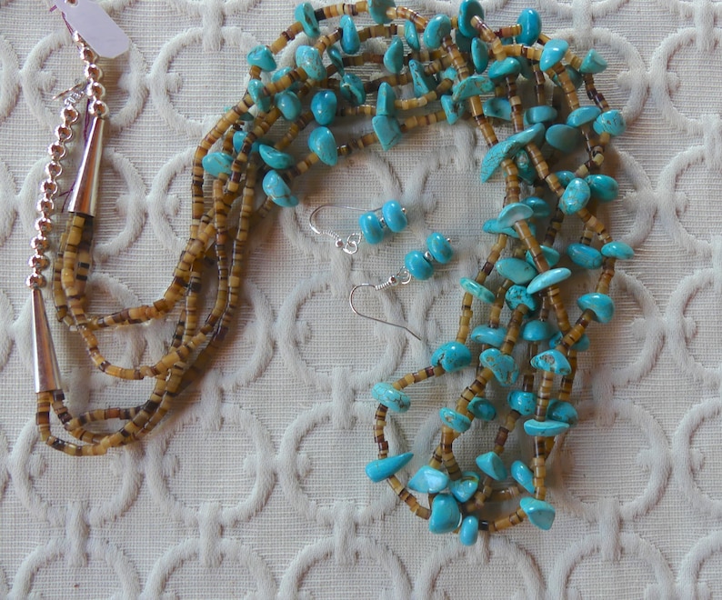 SALE! 32 Inch Vintage Native American Old Pawn Triple Strand LaChita Turquoise Nugget and Shell Heishi Necklace with Earrings