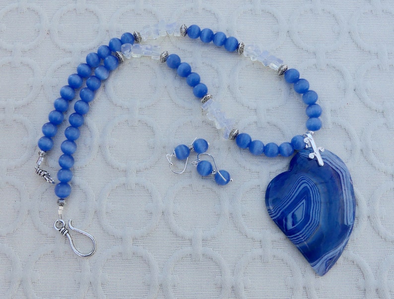 18 Inch Blue Striped Agate Offset Heart Pendant Necklace with Etsy