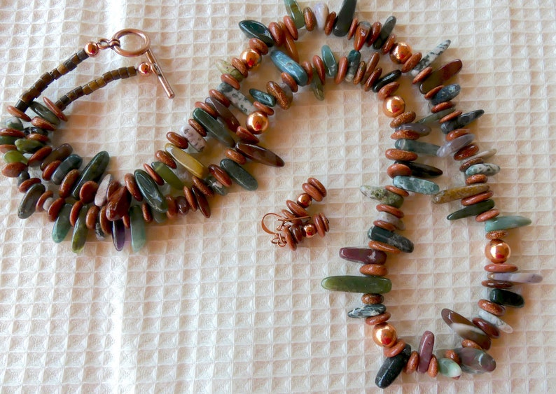 30 Inch Fall India Agate and Copper Stick Bead Necklace with Earrings