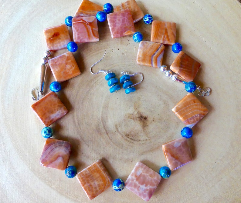 24 Inch Orange and White Crab Agate with Blue Sea Sediment Accents with Earrings