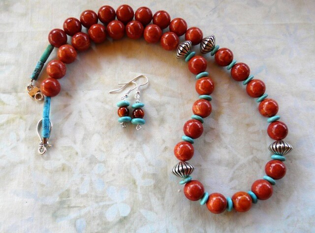 25 Inch Sponge Coral and Turquoise Necklace With Earrings - Etsy