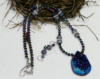 19 Inch Purple Titanium Druzy Agate Pendant Necklace with Earrings