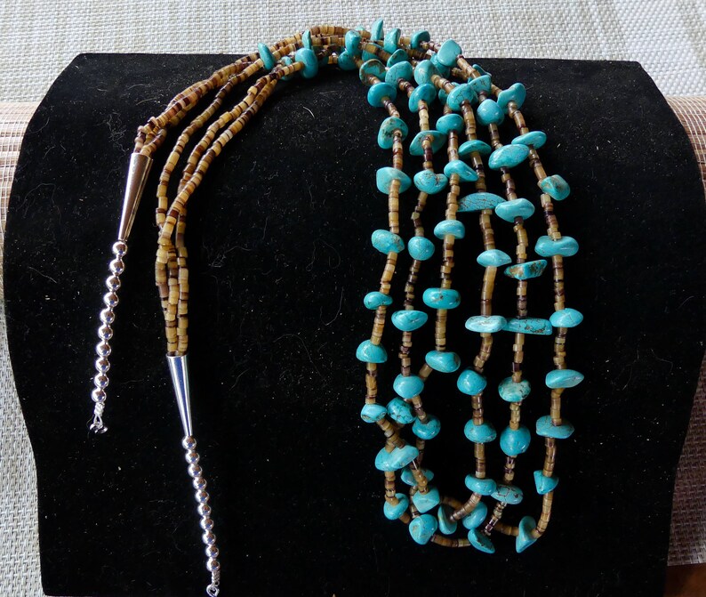 SALE! 32 Inch Vintage Native American Old Pawn Triple Strand LaChita Turquoise Nugget and Shell Heishi Necklace with Earrings