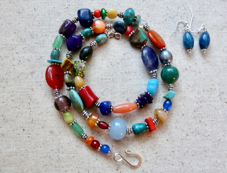 23 Inch Boho Ethnic Multi Colors and Multi Gems Necklace with Earrings