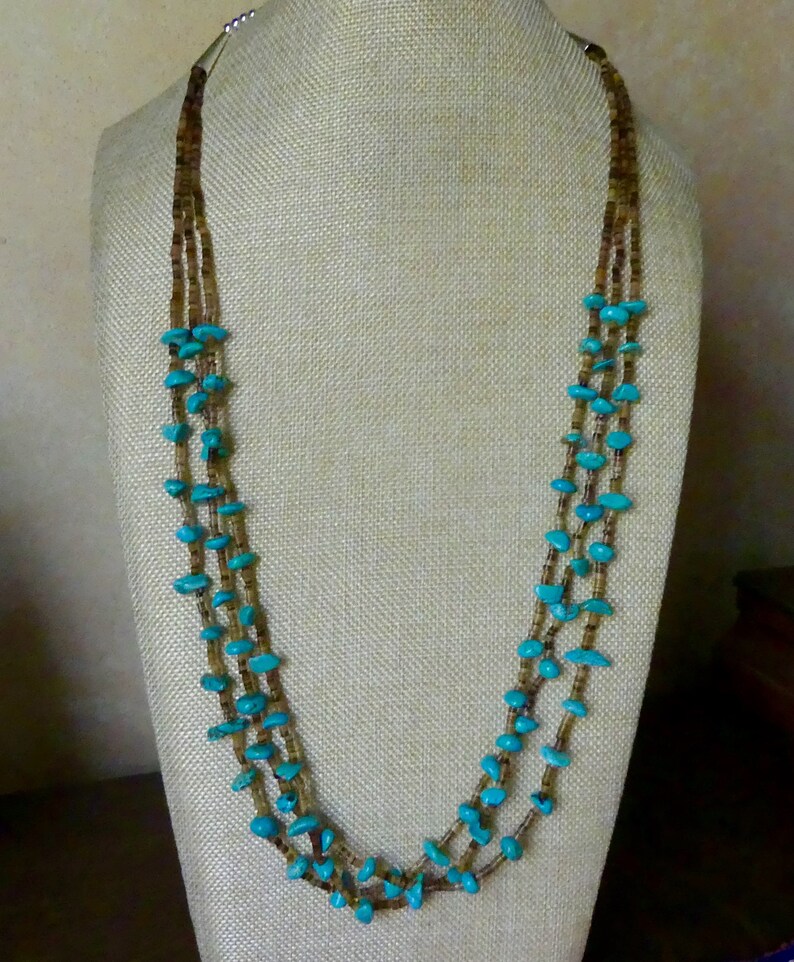 SALE! 32 Inch Vintage Native American Old Pawn Triple Strand LaChita Turquoise Nugget and Shell Heishi Necklace with Earrings