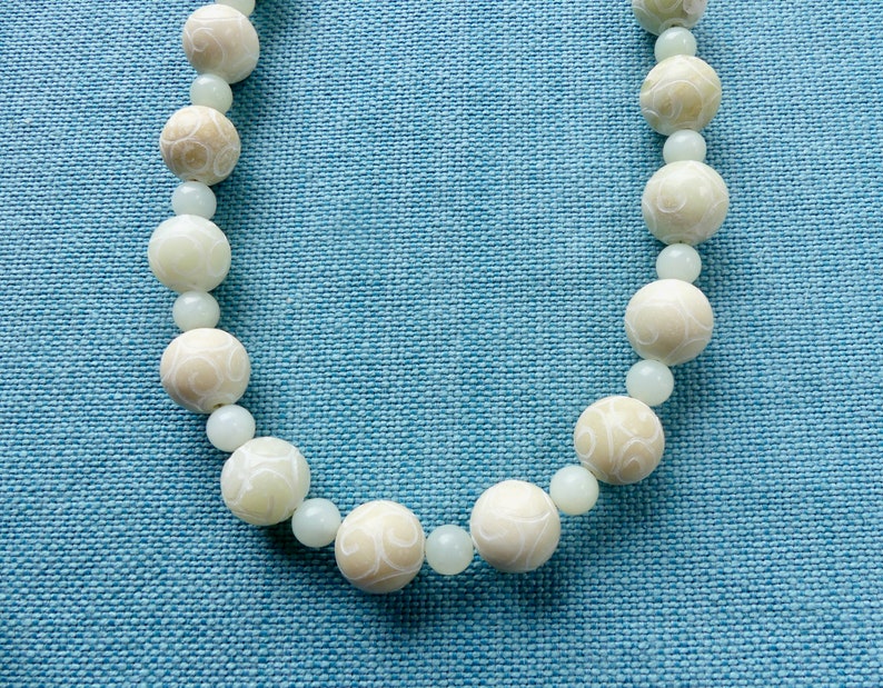 29 Inch Asian Inspired Chunky Light Green Carved Green Jade With Matching Earrings