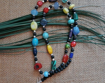 32 Inch Multi Gem and Multi Colored Necklace with Matching Earrings