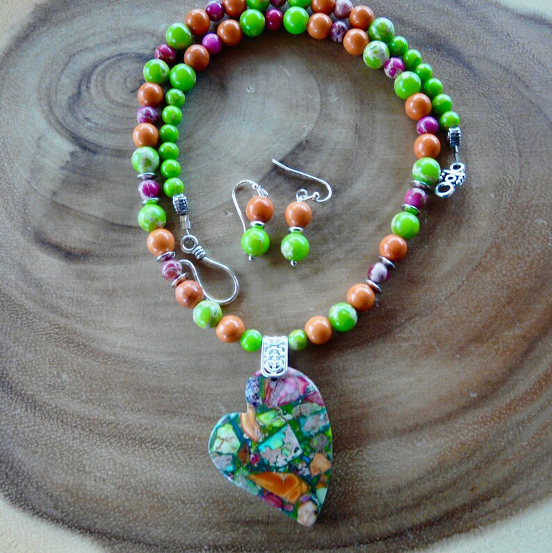 20 Inch Multi Colored Sea Sediment Stylized Heart Necklace with Matching Earrings