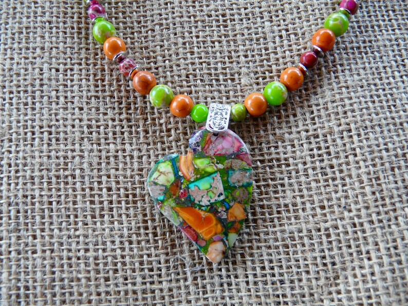20 Inch Multi Colored Sea Sediment Stylized Heart Necklace with Matching Earrings