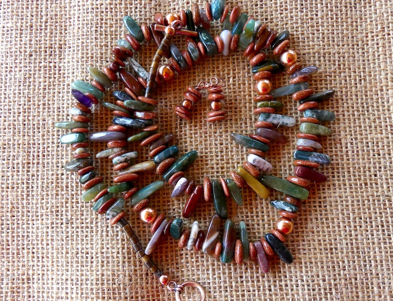 30 Inch Fall India Agate and Copper Stick Bead Necklace with Earrings