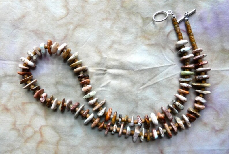 24 Inch Tan and Cream Ocean Jasper Freeform Disk Healing Necklace and Earrings image 1