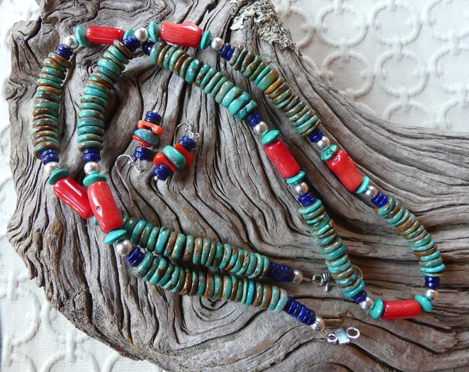 31 Inch Genuine Green Turquoise, Coral, and Lapis Necklace With ...