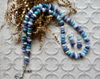 24 Inch Freeform Rondelle Necklace with Turquoise, Lapis, and Blue Chalcedony and Matching Earrings