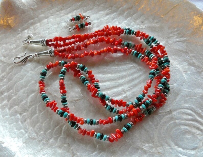 30 Inch Double Strand Red Coral, Turquoise, and Onyx Necklace and ...