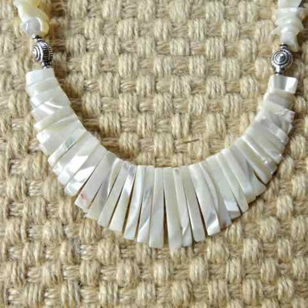 Vintage 19 Inch Hand Carved Cream Mother of Pearl Graduated Stick Bead Necklace with Matching Earrings