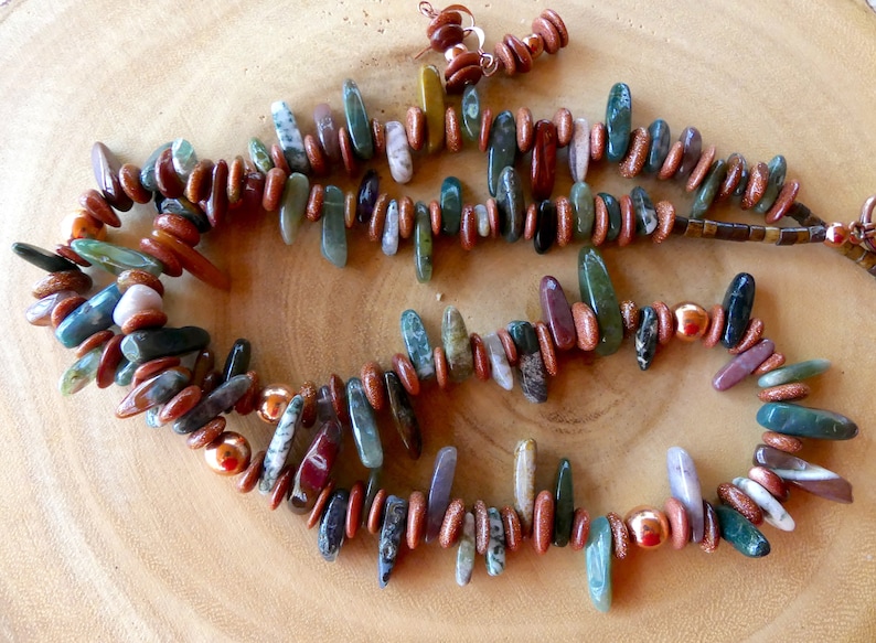 30 Inch Fall India Agate and Copper Stick Bead Necklace with Earrings