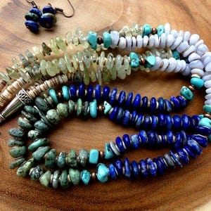25 Inch Double Strand Four Color Freeform Rondelle Gemstone, Turquoise, and Shell Heishi Necklace with Earrings