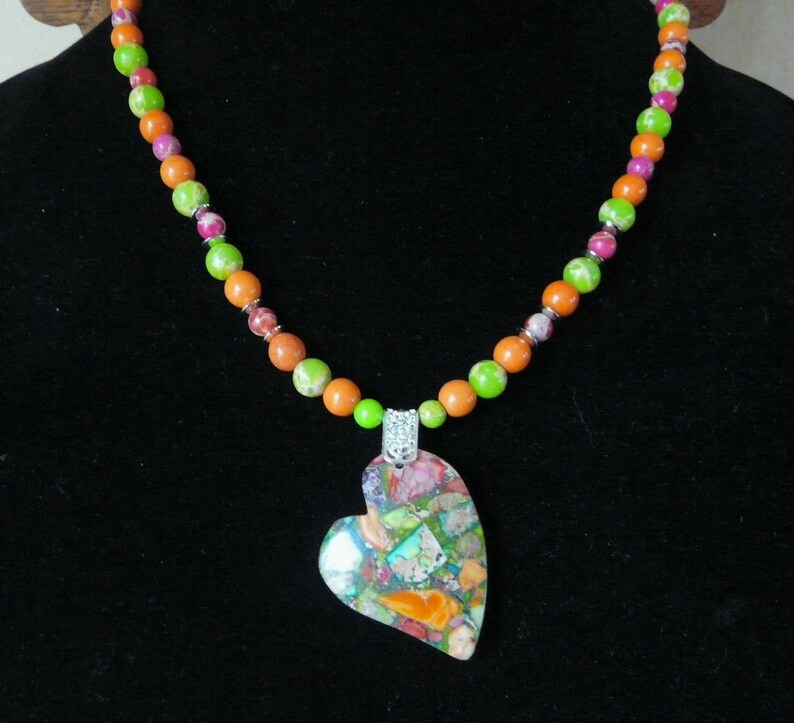 20 Inch Multi Colored Sea Sediment Stylized Heart Necklace with Matching Earrings