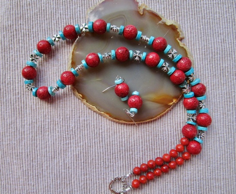 24 Inch Southwestern 12 MM Red Sponge Coral and Turquoise - Etsy