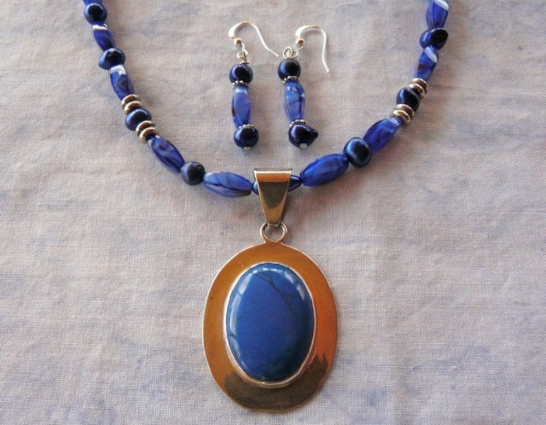 SALE 21 Inch Blue Gemstone Sterling Silver Necklace with Earrings