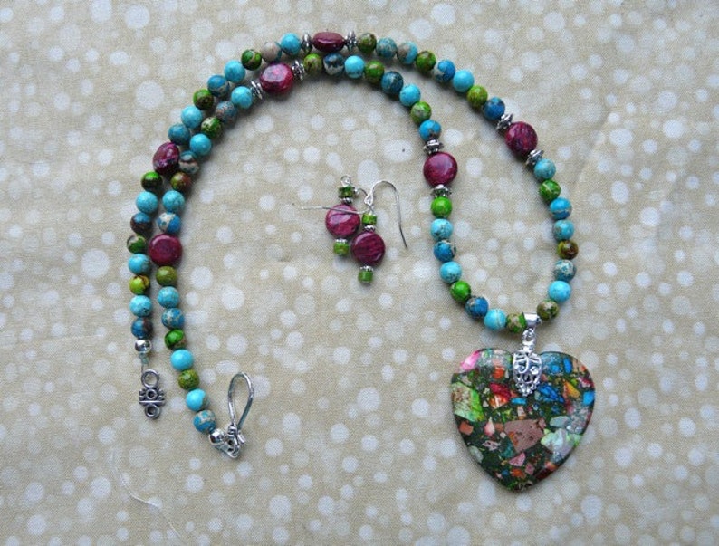Colored Sea Sediment or Imperial Jasper Heart Necklace with Earrings 21 Inch Mulit