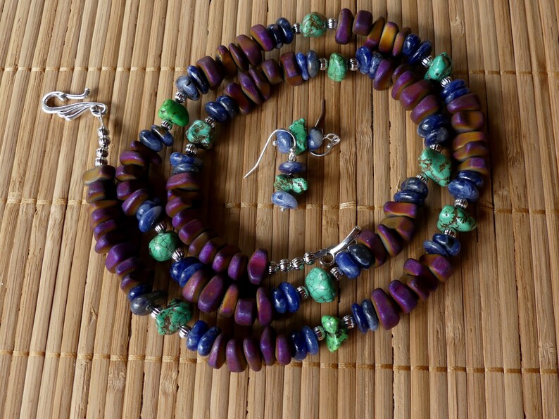 29 Inch Chunky Southwestern Matt Finish Purple Hematite and Green Turquoise Nugget Necklace with Earrings Blue Sodalite