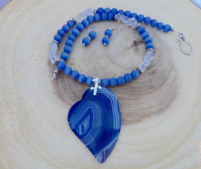 18 Inch Blue Striped Agate Offset Heart Pendant Necklace with Etsy