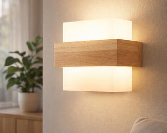 Minimalist Wood Wall Sconce with Glass Shade, Modern E27 Wall Light, Wooden Bedside Lamp, Scandinavian Wall Lighting, Home Decor Fixture