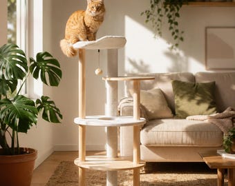モダンな木製キャットタワー（コンドミニアム＆止まり木付き）｜爪とぎポール付き多層式キャットファニチャー｜室内飼い猫用ベージュキャットクライミングツリー