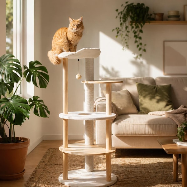 Modern Wooden Cat Tree Tower with Condo & Perch | Multi-Level Cat Furniture with Scratching Post | Beige Cat Climbing Tree for Indoor Cats