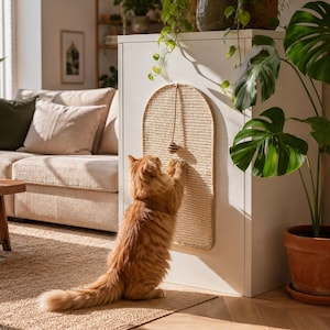 Op de afbeelding: Een oranje kat speelt met een speeltje dat aan een beige krabplank is bevestigd. De plank is op een witte kast gemonteerd. Een Monstera-plant in een terracotta pot staat in de buurt. De kat staat op een tapijt.