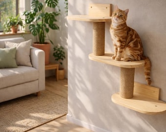 Wall Mounted Cat Climbing Shelves with Scratching Post | Wooden Cat Wall Furniture with Steps Ladder | Modern Floating Cat Perches for Kitte
