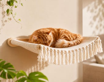 Kattenhangmat voor wandmontage met kwastjes | Houten kattenmand voor raam en muur | Modern hangend kattenmeubel voor binnenkatten