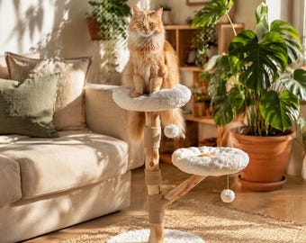 Luxus Kratzbaum mit Echtholz Zweigen | Boho Katzen Turm mit Sitzstangen & Kratzbaum | Moderne Katzenmöbel für Indoor Katzen